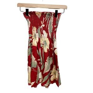 Vintage Red Aloha Hawaiian Print Smocked Babydoll Strapless Blouse One Size